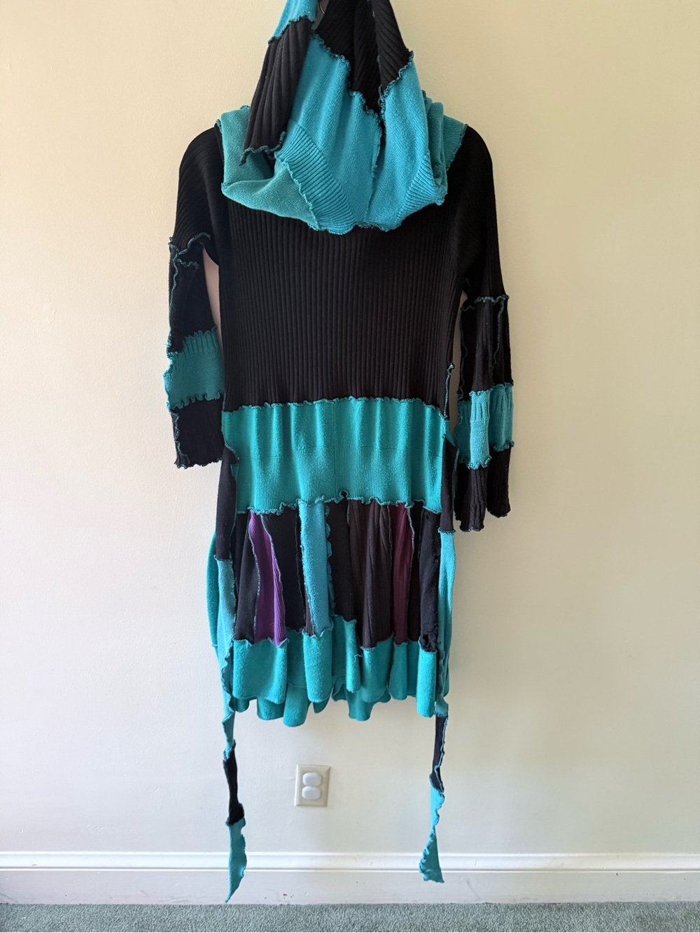 Patchwork Fairy Goblin core Cottage Pointy Hood Jacket Coat Dress Goth Grunge M - Picture 8 of 13